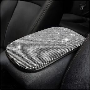 Bling Center Console Cover, Diamond Fashion ArmRest Pad, Crystal Soft Arm Rest Protective Cushion, Car Accessories for Women Girls, 11.8"×8.5" for Most of Vehicles, SUVs, Trucks (Black&White)
