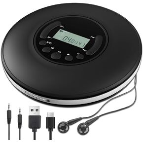 CD Player Portable, Discman with Stereo Earbuds and Bluetooth Output, Anti-Skip Shockproof Walkman, Compact and Lightweight, Power DC or 2xAA Battery