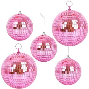 5 Pack Mirror Balls for Disco DJ Club Party Wedding Home Decor, Muscab Disco Ball Ornaments with Hanging Ring, 6 Inch, 4 Inch(Pink)