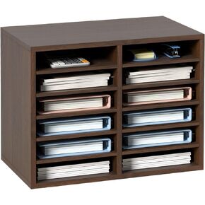 Literature Organizers, 12 Compartments Office Mailbox with Adjustable Shelves, Wood Literature Sorter 20.4x12x16.1 inches for Office, Home, Classroom, Mailrooms Organization, EPA Certified Brown