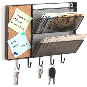 MyGift 12 x 10 Inch Wall Mounted Black Metal Mesh Entryway Organizer with 2 Slot Mail Holder Letter Sorter, Cork Memo Board, and 5 Hanging Hooks for Keys
