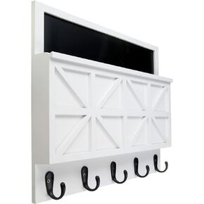 Excello Global Products Barndoor Mail Holder with Chalkboard, Key Hooks, and Mail Slot (White)