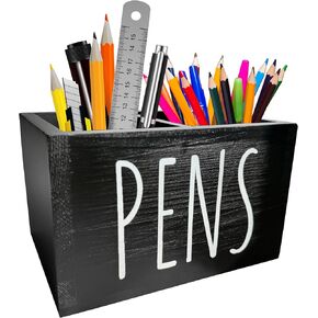 Wood Pencil Holder for Classroom - 6’’ Wooden Black Pen Holder for Desk, 2 Compartment Pen Storage and Color Pencil Organizer for Desk, Cute Stationery Supplies for Classroom, Black