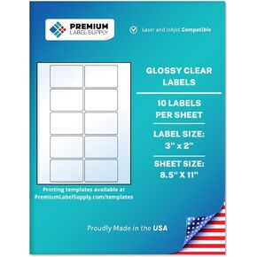Premium Label Supply Glossy Clear Sticker Labels – 3" x 2" – Laser/Inkjet Compatible – (10 Labels/Sheet), 10 Sheets – 100 Total Adhesive Labels