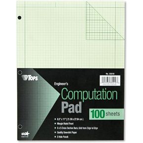 TOPS Engineering Computation Pad, 3-Hole Punched, 8.5 x 11 Inches, 5 Squares per Inch, 100 Sheets, Green, (35510)