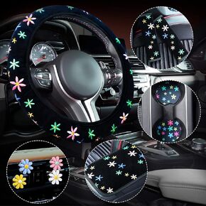 10 Pcs Embroidery Cute Flower Car Accessories Set Floral Steering Wheel Cover Car Air Vent Clips Center Console Armrest Cushion Car Cup Mats Seat Belt Covers for Women Girls (Classic Style)