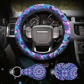 4 Pieces Leopard Cheetah Print Steering Wheel Cover Set with Car Cup Holder & Quarter Keyring, Universal Fit 14-15.5 inches, Leopard Cheetah Print Car Accessories Set