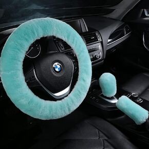 3Pcs Set Fashion Fluffy Fuzzy Wool Fur Soft Car Steering Wheel Cover with Handbrake Cover & Gear Shift Cover for Women/Girls/Ladies Auto Long Wool Accessories