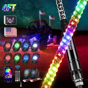 Nilight 2PCS 4FT RGB LED Whip Light and 8 PCS RGB Rock Lights Combo, Remote & App Control w/DIY Chasing Patterns Stop Turn Reverse Light Safety Antenna Lighted Whips for ATV UTV, 2 Year Warranty in Kuwait