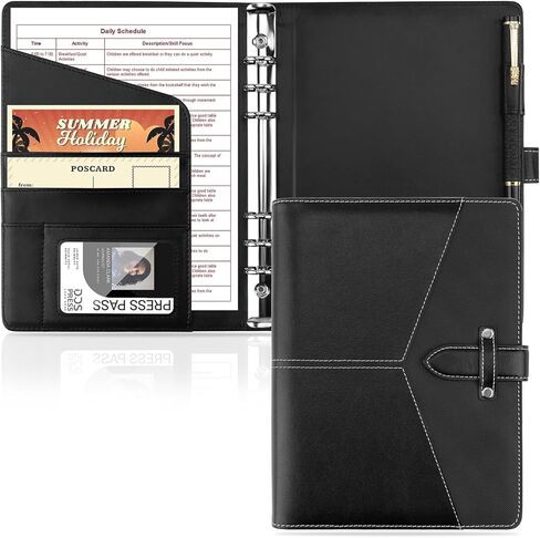 A5 Ring Binder Padfolio Leather Folder with 6 Ring Binder Planner Notebook Cover for Interview, Conference and Presentation, Black in Kuwait