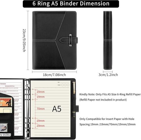 A5 Ring Binder Padfolio Leather Folder with 6 Ring Binder Planner Notebook Cover for Interview, Conference and Presentation, Black in Kuwait