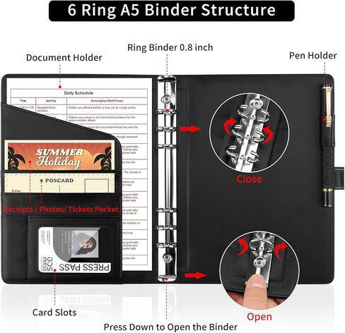 A5 Ring Binder Padfolio Leather Folder with 6 Ring Binder Planner Notebook Cover for Interview, Conference and Presentation, Black in Kuwait