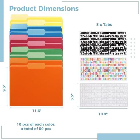 50 Pack Colored File Folder with Letter Stickers, 1/3 Cut Tab File Folders Letter Size Assorted Colors, Blue Red Green Yellow Orange Manila File Folders, 11.5 x 9.5 Inch in Saudi Arabia