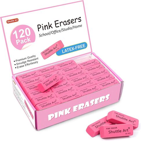 Pink Erasers, Shuttle Art 120 Pack Pink Erasers Bulk for School, Office, Latex-Free Soft Erasers for Kids, Teachers as School Supplies in Saudi Arabia