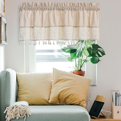 ستائر الكتان للنوافذ، ستائر مطبخ Boho Tassel للنوافذ، ستارة طبقات معالجة النوافذ الريفية للحمام وغرفة النوم وديكورات المزرعة (بيج، 29 عرض × 35 طول) in Saudi Arabia