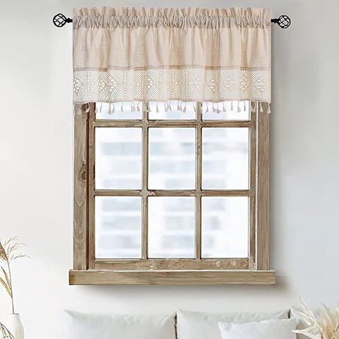 ستائر الكتان للنوافذ، ستائر مطبخ Boho Tassel للنوافذ، ستارة طبقات معالجة النوافذ الريفية للحمام وغرفة النوم وديكورات المزرعة (بيج، 29 عرض × 35 طول) in Saudi Arabia