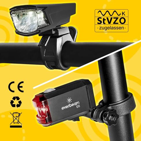 مجموعة مصابيح الدراجة الأمامية والخلفية من Everbeam LED. StVZO قابلة لإعادة الشحن، للركوب الليلي، شعاع ضوء أمان للدراجة USB للسيارات in Kuwait