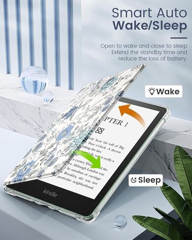 حافظة MoKo لجهاز Kindle Paperwhite مقاس 6.8 بوصات الجيل الحادي عشر 2021 وKindle Paperwhite Signature Edition، غطاء خلفي شفاف ناعم للغاية ومرن من مادة TPU مع تنبيه/غفو تلقائي، زهور بيضاء وزرقاء in Saudi Arabia