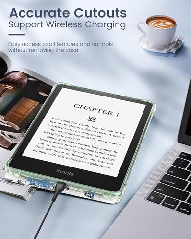 حافظة MoKo لجهاز Kindle Paperwhite مقاس 6.8 بوصات الجيل الحادي عشر 2021 وKindle Paperwhite Signature Edition، غطاء خلفي شفاف ناعم للغاية ومرن من مادة TPU مع تنبيه/غفو تلقائي، زهور بيضاء وزرقاء in Saudi Arabia