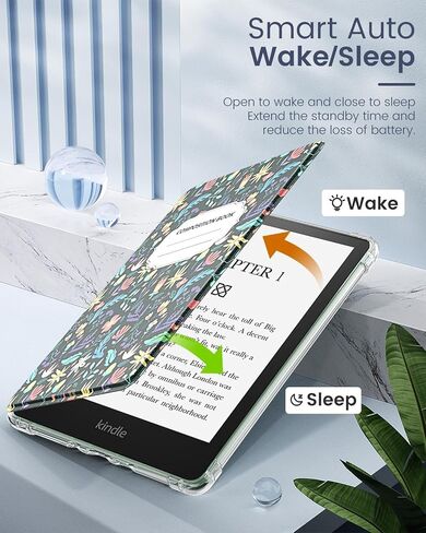حافظة MoKo لجهاز Kindle Paperwhite مقاس 6.8 بوصات الجيل الحادي عشر 2021 وKindle Paperwhite Signature Edition، غطاء خلفي شفاف ناعم للغاية ومرن من مادة TPU مع تنبيه/غفو تلقائي، زهور بيضاء وزرقاء in Saudi Arabia