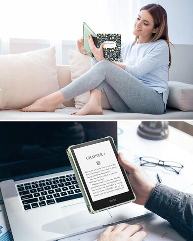 حافظة MoKo لجهاز Kindle Paperwhite مقاس 6.8 بوصات الجيل الحادي عشر 2021 وKindle Paperwhite Signature Edition، غطاء خلفي شفاف ناعم للغاية ومرن من مادة TPU مع تنبيه/غفو تلقائي، زهور بيضاء وزرقاء in Saudi Arabia
