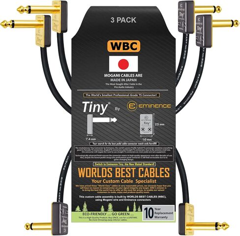 WORLDS BEST CABLES 3 Units - 10 Inch - Pedal, Effects, Patch, Instrument Cable Custom Made Using Mogami 2319 Wire & Eminence Tiny Gold-Plated Angled TS Connectors in Saudi Arabia