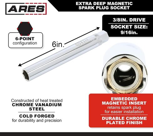 ARES 11036 - Extra Deep 5/8-Inch Magnetic Spark Plug Socket – 3/8-Inch Drive Spark Plug Socket – 6-Inch Long 6-Point Socket for Superior Reach and Coverage in Saudi Arabia