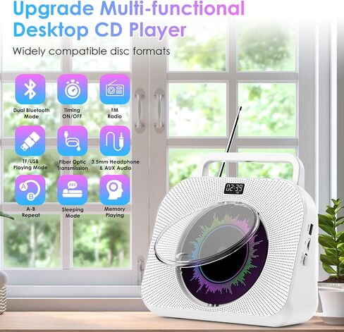 مشغل أقراص مضغوطة سطح المكتب مشغل أقراص مضغوطة بلوتوث مع مكبرات صوت CD Boombox مع شاشة مؤقت وبلوتوث مزدوج يدعم موسيقى النوم ومؤقت تشغيل بطاقة USB AUX TF in Saudi Arabia