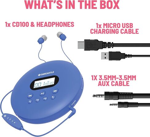 مشغل أقراص مضغوطة محمول، مشغل أقراص مضغوطة محمول قابل لإعادة الشحن مع بلوتوث 5.3، وقت تشغيل 12 ساعة، مشغلات أقراص مضغوطة صغيرة للسيارة (AUX فقط) | مشغل أقراص مضغوطة محمول Oakcastle CD100 مع سماعات رأس، CD Walkman، Discman (أزرق) in Kuwait