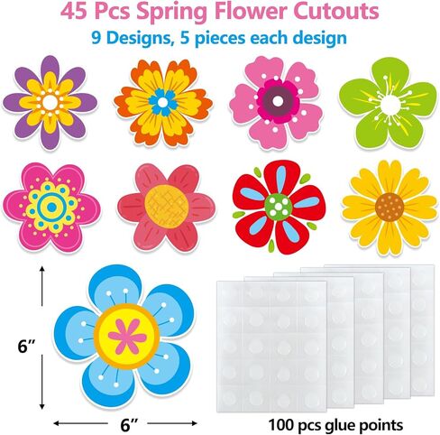 Flower Cutous 45 PCS Springtime Cutouts Versatile Colorful Flowers Classroom Decoration Cutouts with Glue Dots in Kuwait