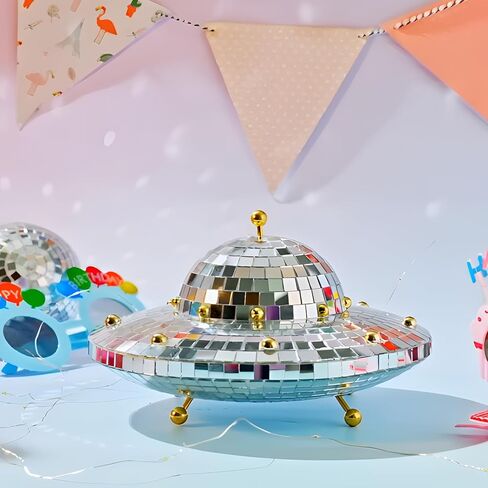 UFO- ديكور منزلي لسفينة الفضاء - كرة ديسكو مرآة عتيقة ديكورات عاكسة للطاولة، المكتب، المنزل، غرفة الموسيقى، الحفلات، الحديقة، البار، الهدايا المصنوعة يدويًا (8 × 6 بوصة) in Saudi Arabia