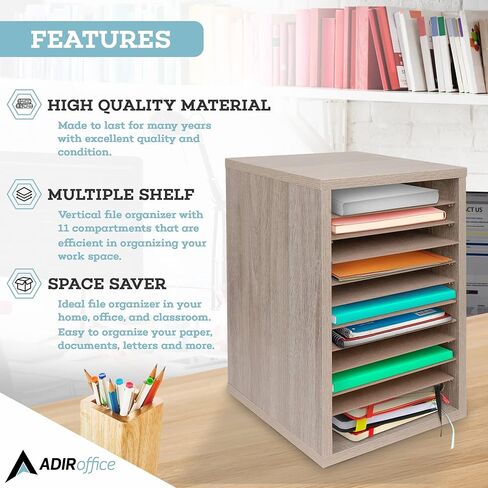 صندوق بريد AdirOffice Classroom - منظم بريد خشبي مكون من 11 حجرة، تخزين ورق البناء، فارز سطح المكتب الرأسي مع فتحات، صناديق بريد مع أرفف قابلة للإزالة (11 فتحة، أسود) in Saudi Arabia