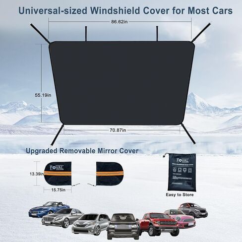 غطاء الزجاج الأمامي FOVAL للثلج والثلج، غطاء الزجاج الأمامي للسيارة مع غطاء مرآة جانبية - غطاء حماية شتوي لنافذة ممسحة - غطاء واقي من الصقيع (حارس أسود مرن) in Kuwait