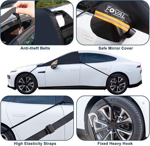 غطاء الزجاج الأمامي FOVAL للثلج والثلج، غطاء الزجاج الأمامي للسيارة مع غطاء مرآة جانبية - غطاء حماية شتوي لنافذة ممسحة - غطاء واقي من الصقيع (حارس أسود مرن) in Kuwait