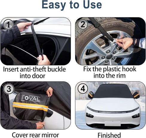 غطاء الزجاج الأمامي FOVAL للثلج والثلج، غطاء الزجاج الأمامي للسيارة مع غطاء مرآة جانبية - غطاء حماية شتوي لنافذة ممسحة - غطاء واقي من الصقيع (حارس أسود مرن) in Kuwait