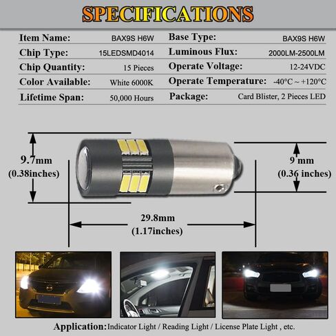 BA9S T4W LED Bulbs White 6000K 12V-24V 15LED SMD4014 Canbus Error Free with Projector For Car Sidelights Backup Interior Light, 2 Pack in Kuwait