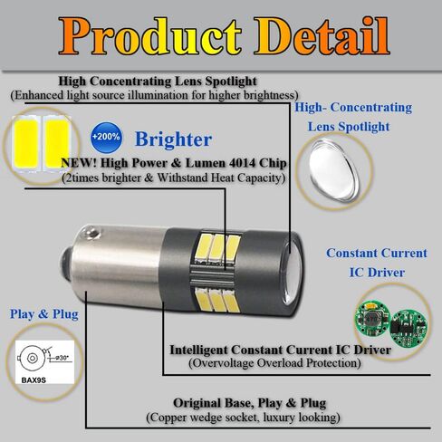 BA9S T4W LED Bulbs White 6000K 12V-24V 15LED SMD4014 Canbus Error Free with Projector For Car Sidelights Backup Interior Light, 2 Pack in Kuwait