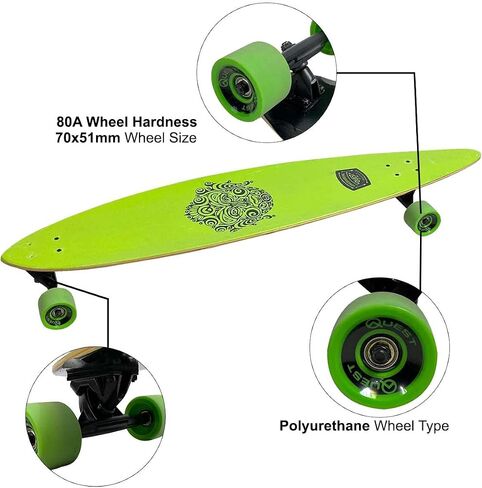 Quest Longboard Skateboard Green Royal for Beginners & Pro | Long Skateboard for Boys, Girls, and Adults | 44 Inch Deck, 7 Ply Russian Maple | Assembled Complete Board Skateboard in Saudi Arabia