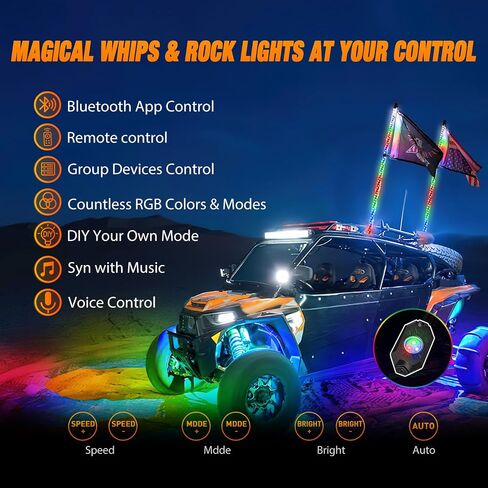 Nilight 2PCS 4FT RGB LED Whip Light and 8 PCS RGB Rock Lights Combo, Remote & App Control w/DIY Chasing Patterns Stop Turn Reverse Light Safety Antenna Lighted Whips for ATV UTV, 2 Year Warranty in Saudi Arabia