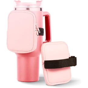 Water Bottle Holder with Strap for Stanley Water Bottle Pouch for Stanley 40oz Tumbler - Water Bottle Pouch with Phone & Earphone Pocket for Stanley Cup Accessories(Design1 Pink)