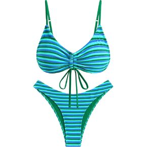 ZAFUL Women's Bikini Sets Flocking Textured High Cut Ruched Swimsuit Colorful Stripes Drawstring Bathing Suit