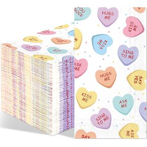 120Pcs Valentine's Day Paper Napkins Conversation Heart Disposable Napkins Colorful Love Heart Cocktail Napkins for Wedding Anniversary Party Decorations (Long)