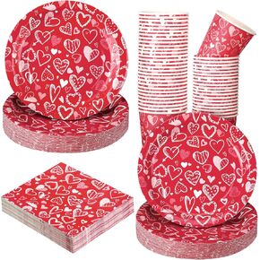 Hushee 200 Pcs Valentine's Day Party Supplies Serves 50 Disposable Tableware Set 7''/ 9'' Paper Dessert Plates Napkins Paper Cup for Home Office Restaurants Valentine's Day Party Decorations