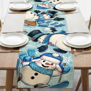 Winter Skiing Snowman Blue Table Runner, Christmas Snowflake Snowball Cotton Kitchen Dining Table Decoration, Seasonal Burlap Indoor Outdoor Home Decor Party Supply 13 x 72 Inches