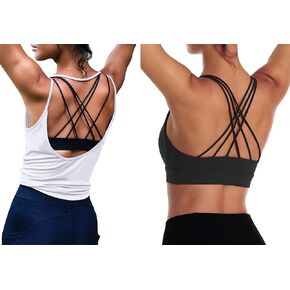 OYANUS Womens Summer Workout Tops Gym Yoga Tops & Sexy Crisscross Back Padded Sports Bras for Women White-L+Black-L