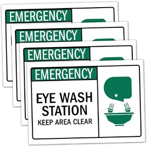 4 Pack Emergency Sign, Eye Wash Station Sign Decal, Keep Area Clear Sign Sticker, 10 x 7 Inches .Self Adhesive Vinyl, UV Protected, Weather Resistant, Waterproof.
