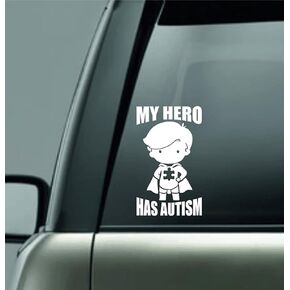 Autism Boy Vinyl Decal Sticker My Hero Has Autism Autistic Awareness for Car, Truck, Van, SUV, Window, Wall, Laptop, Door (White)