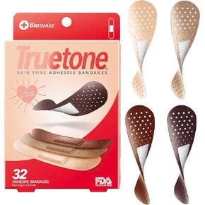 BioSwiss Truetone Variety Skin Tone Bandages with Brown Skin Tone Shades for True Color Matches, First Aid Latex Free Bandage, Standard Shape for Kids and Adults, 32 Pack