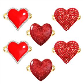 Boderier 6 Pack Valentine's Day Napkin Rings Red Glitter Rhinestone Heart Napkin Holder Rings Valentines Day Wedding Holiday Dinner Table Decorations