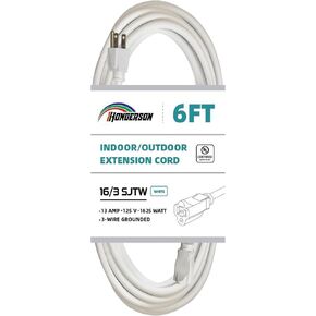 Indoor Outdoor Extension Cord Weatherproof, UL Listed, 16 Gauge 6FT White 3 Prong Heavy Duty Extension Cord, 16/3 SJTW 13A Power Extension Cord for Outdoor Lights, Appliances, Lawn